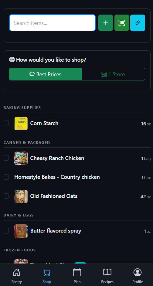 Shopping list with barcode scanner in dark mode