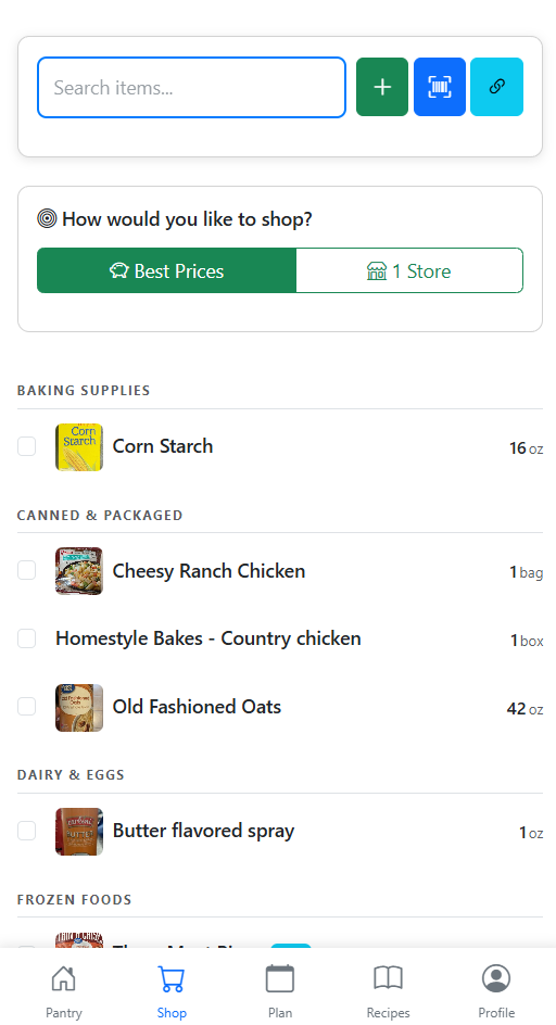 Shopping list with barcode scanner in light mode