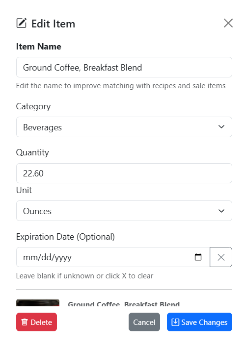 Edit item with expiration date in light mode