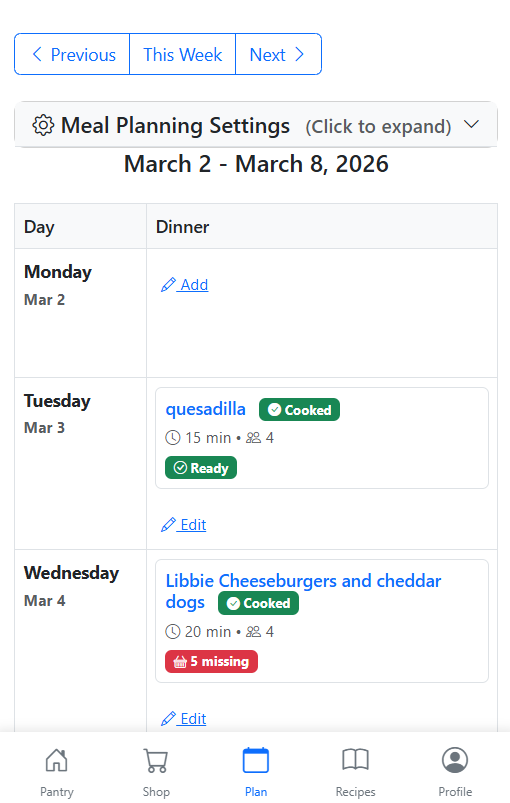 Meal plan calendar in light mode