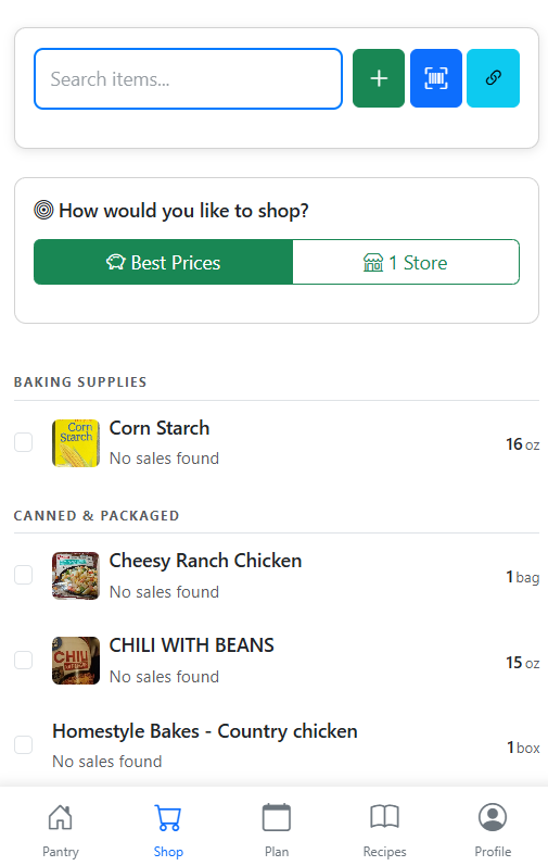 Shopping list in light mode